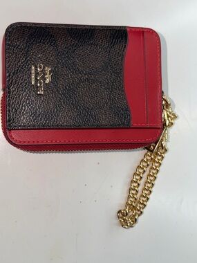 Coach Brown Signature Canvas Card Case with Red Trim and Gold Chain